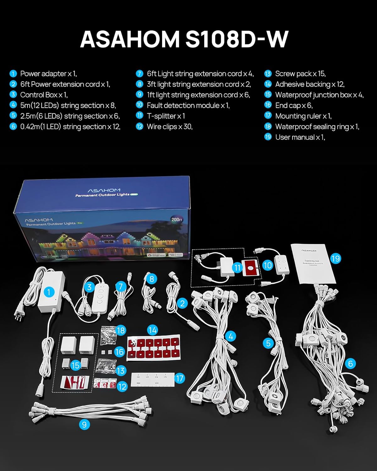 ASAHOM Permanent Outdoor Lights Pro S108D, 200FT with 144 RGBCW LED Lights, WLED Integrated, AI Lighting, 30000 Dynamic Effect, IP67 Waterproof for Outdoor Holiday Party Decor, Daily Lighting, White - Image 9