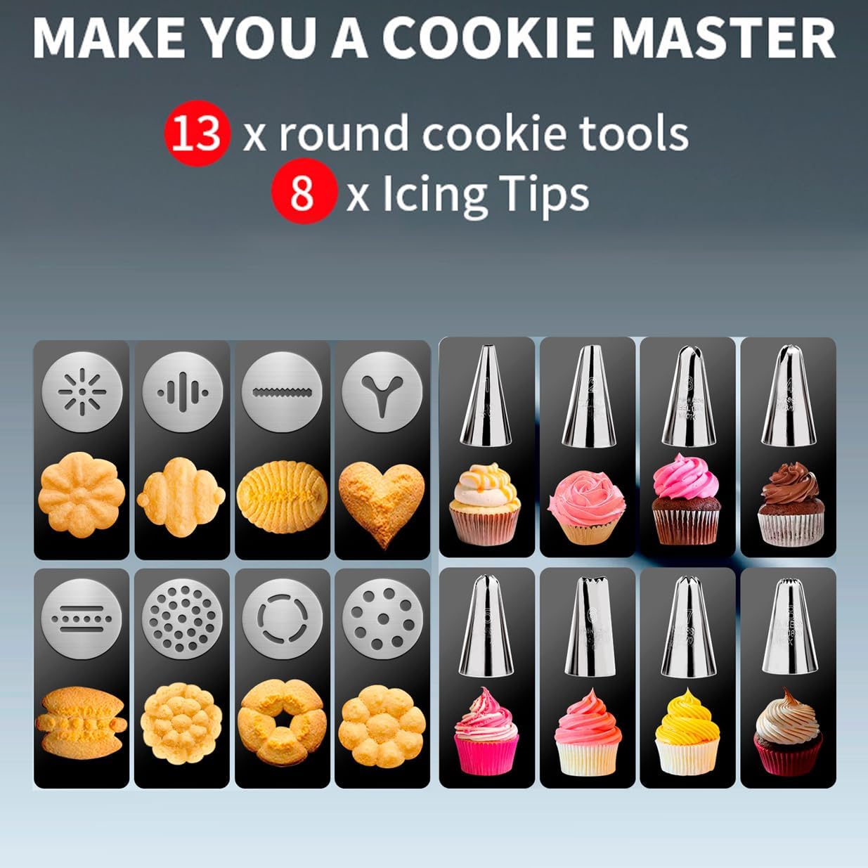 Multi functional cookie press, stainless steel press gun, 13 cookie press templates and 8 frosting heads, used for baking or cookie making and cake frosting