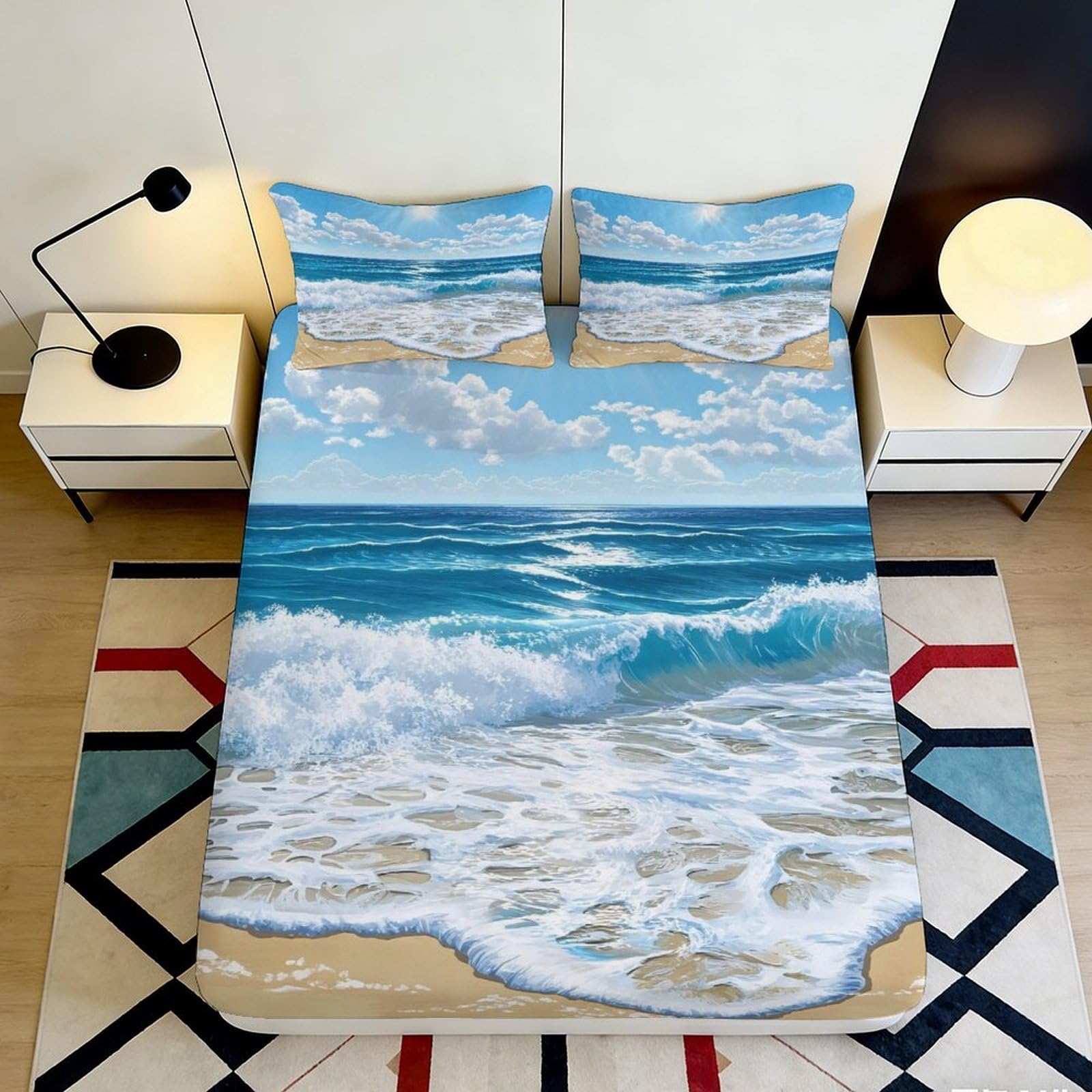 3D Printed Ocean Waves Fitted Sheet Microfiber Deep Pocket Bedroom Bedding Set Beach Mattress Fitted Cover Non-Slip Elastic Hem 200x200x25cm