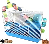 Vista 8 de Gran mansión de 5 pisos en azul para hámsteres, hogar con casa de escondite, plataforma sólida segura para patas, rueda de ejercicio para correr