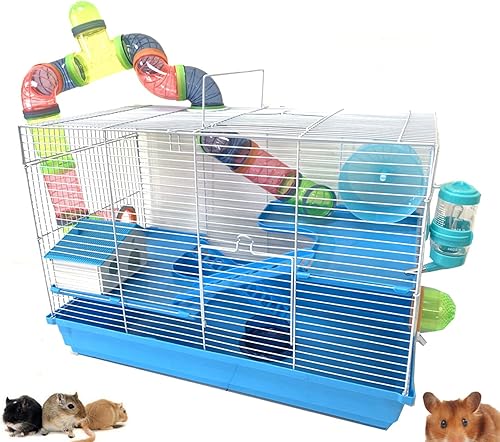 Vista 7 de Jaula Mcage para Hámster de 2 Niveles, Hábitat para Roedores, Gerbill, Ratón, Ratones, Rata, Jaula de Alambre con Juego Completo de Accesorios Azul