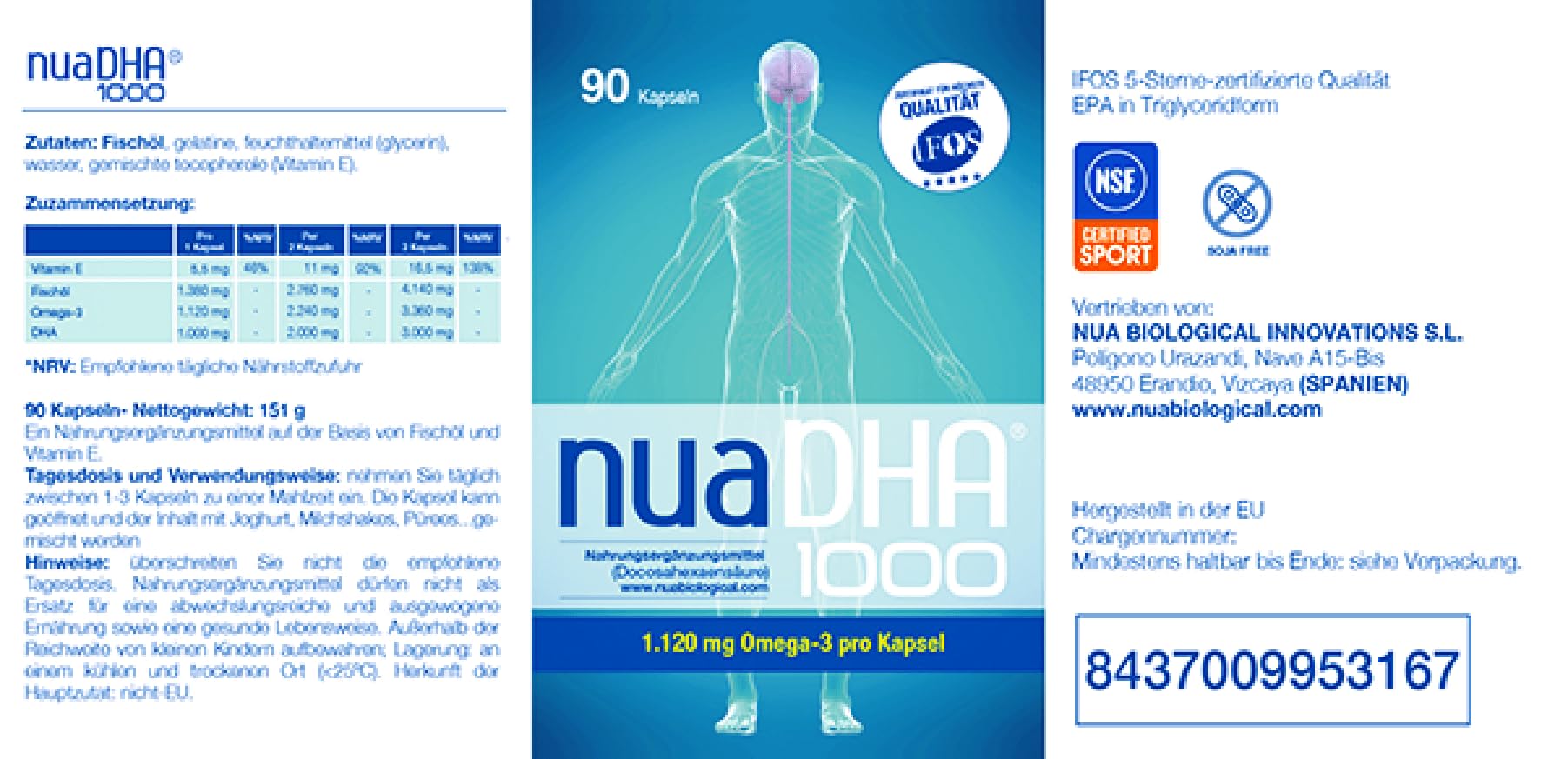 Nua Biological - NuaDHA 1000 in Kapseln, Nahrungsergänzungsmittel auf Basis von DHA (Docosahexaensäure) - Omega-3 aus Blauem Meeresfisch - 90 Kapseln in Triglycerid-Form (1000 mg DHA/Kapsel)