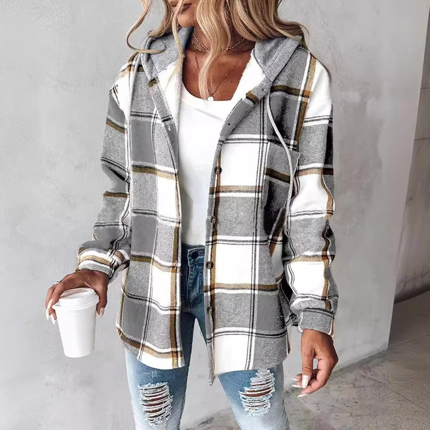 Plaid Jackets for Women Tweed Long Sleeve Fleece Lined Hooded Jacket Casual Vintage Warm Winter Coats with Pocket - Image 2