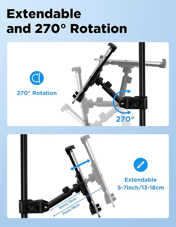 LZSIG Tablet Holder for Microphone Stand, Adjustable Mic Music Sheet iPad Holder Mount, Smartphone Mic Stand Clip for All Screen Size 4.7 to 13.5-inch Devices