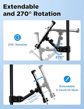 LZSIG Tablet Holder for Microphone Stand, Adjustable Mic Music Sheet iPad Holder Mount, Smartphone Mic Stand Clip for All Screen Size 4.7 to 13.5-inch Devices