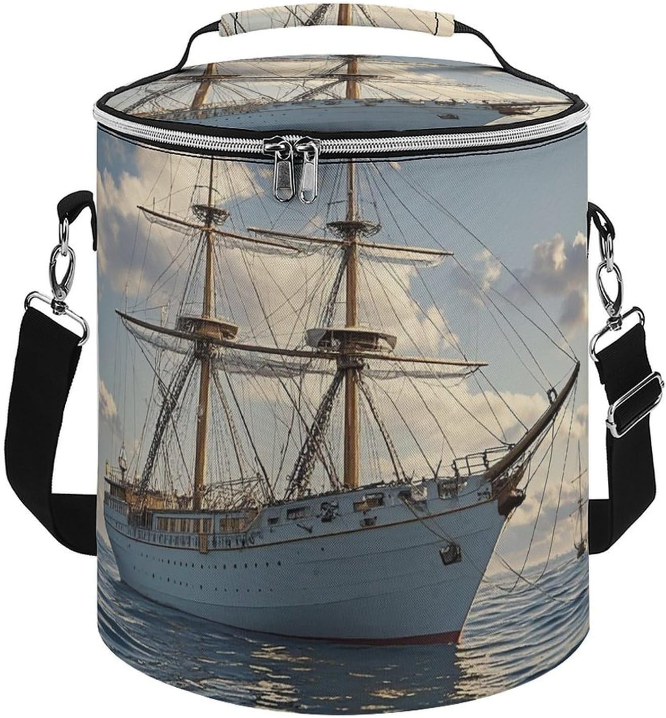 Vintage Nautical White Ship Lunch Bag 15L, Insulated Picnic Basket with Leakproof Design - Large Cooler Tote for Camping, Beach, Hiking & Groceries