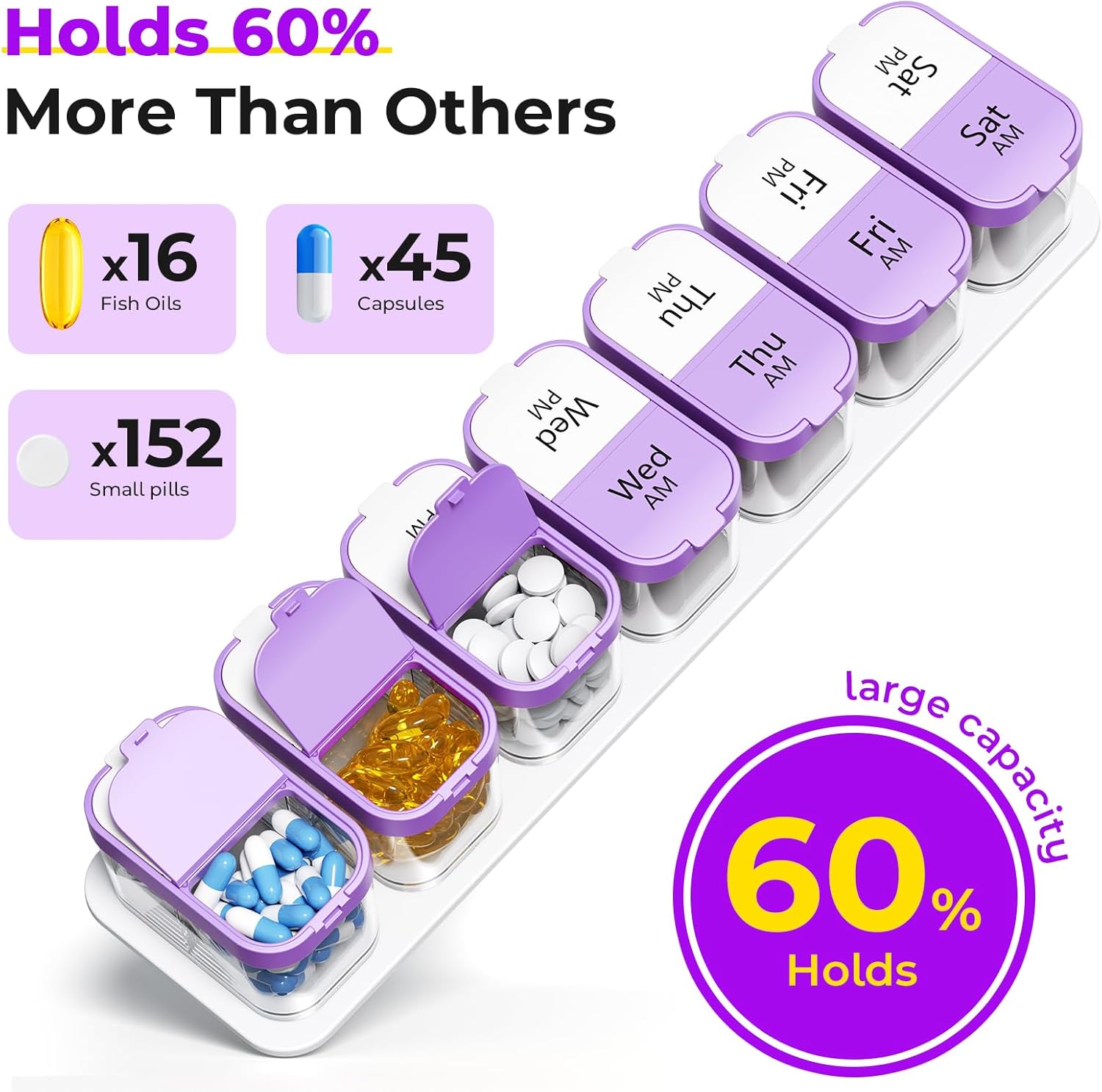 Odaro Extra Large Weekly Pill Organizer 2 Times A Day, Pill Box 7 Day Am Pm to Hold Daily Medicine Vitamin and Supplements - Purple