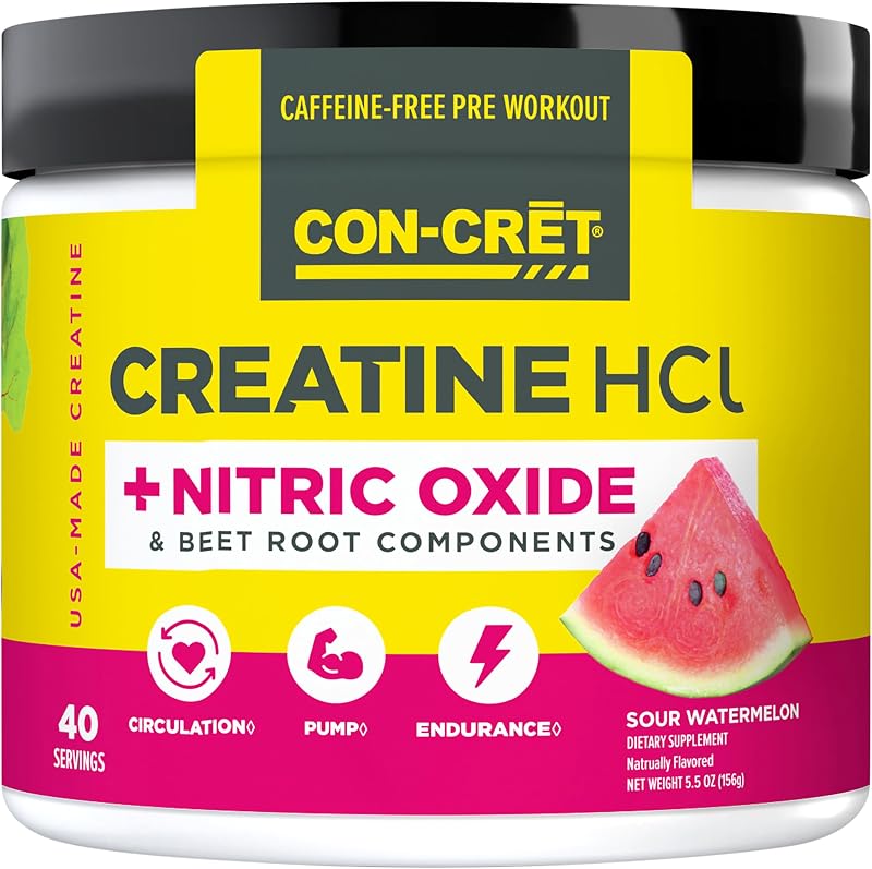 CON-CRET Creatine HCl + Nitric Oxide, Sour Watermelon, 40 Servings | With Beet Root Components, Supports Blood Flow, Pump & Endurance, Stimulant-Free Pre-Workout