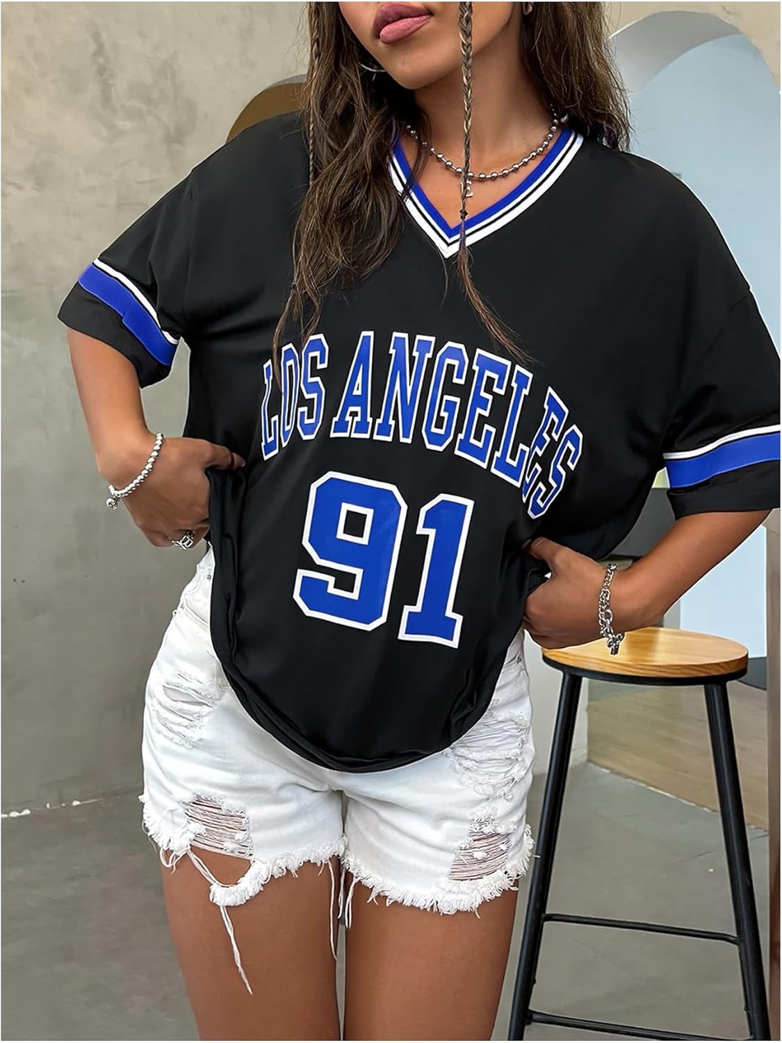 SOLY HUX Women's Oversized Jersey Shirts V Neck Graphic Tees Summer Baggy Blokecore T-Shirt Tops - Image 5