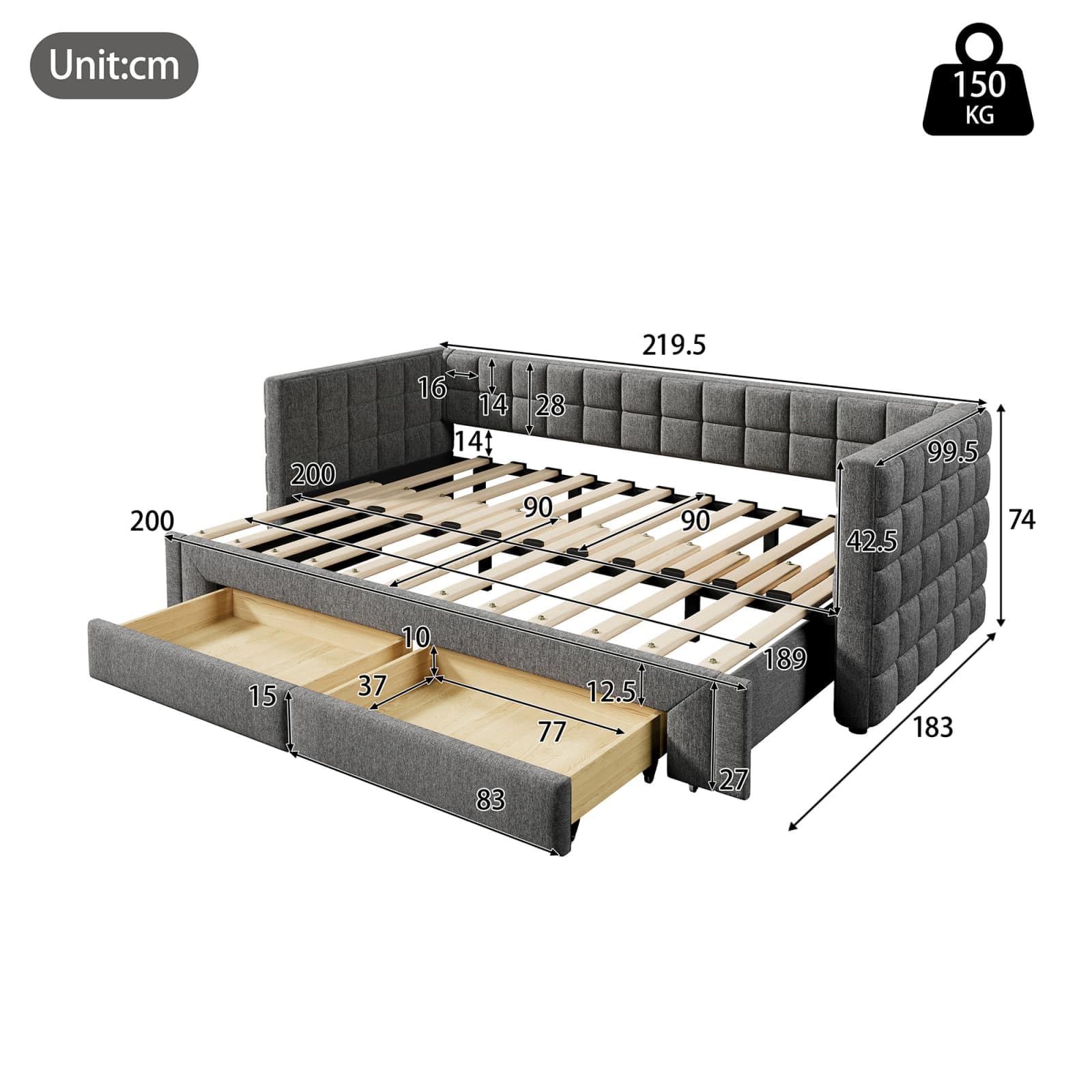 PUGSDRLY Canapé Lit Convertible 90/180x200cm avec 2 Tiroirs,canapé lit 2 Places Convertible Multifonctionnel,capitonné,sommier à Lattes,Tissu Velours,sans Matelas (Gris-B)