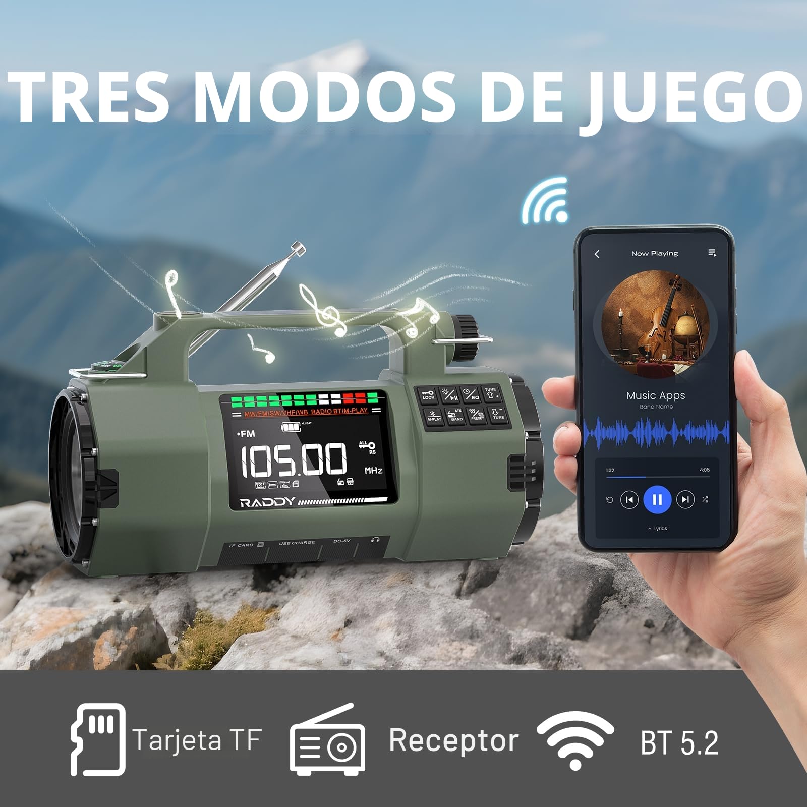 Raddy SH-907 Radio de Emergencia con Control App, manivela, Solar, Receptor Am/FM/SW/VHF con Batería Reemplazable de 5000 mAh, Linterna, SOS, Brújula para Cortes de Energía, Camping y Emergencias