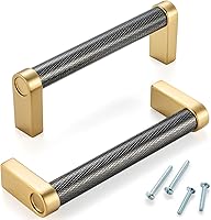 Vista 1 de Paquete de 5 tiradores de gabinete de 3–3/4 pulgadas estriado en negro y oro, manijas de gabinete mate en negro y oro cepillado AP1311, herrajes