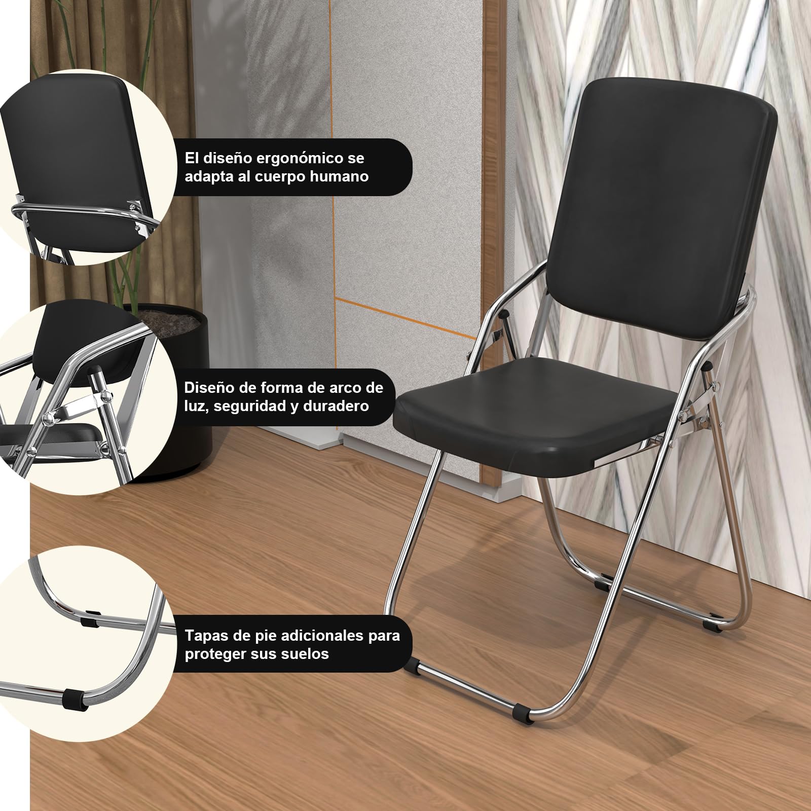 Set de 4 Silla Plegable Acolchada Sillas Plegables Comedor de Cuero, Sillas de Estudio Plegable, Silla Plegable Cocina para Cocina, Interior, Exterior, Sala de Conferencias (Negro)