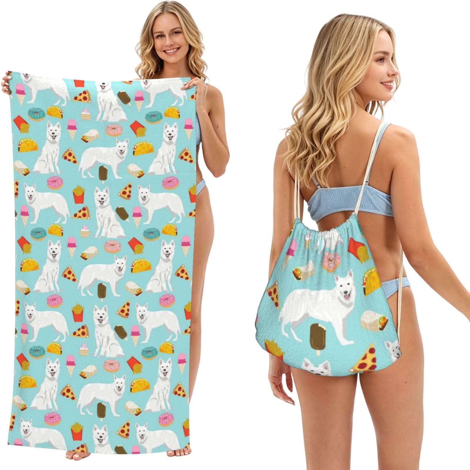 Poadnly As Picture White German Shepherd, 2 In 1 Packable Towel Bag, Beach Towels With Drawstring Backpack For Travel Holiday Camping