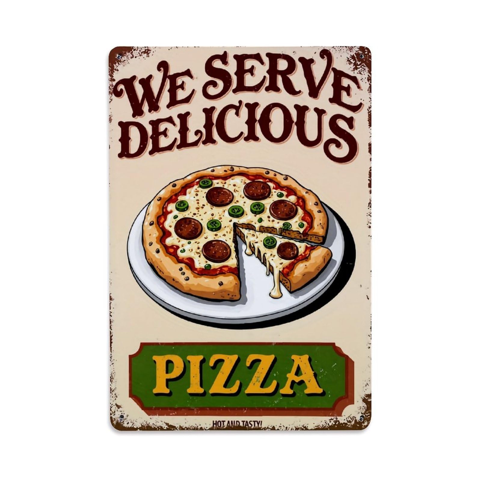 Jdyaojiesheng Vintage Pizza Slice Cheese Pepperoni Green Tin Sign Retro Metal Wall Decor Metal Poster, Home Bar Garage Farmhouse Cafe Wall Art Decoration 8X12inches