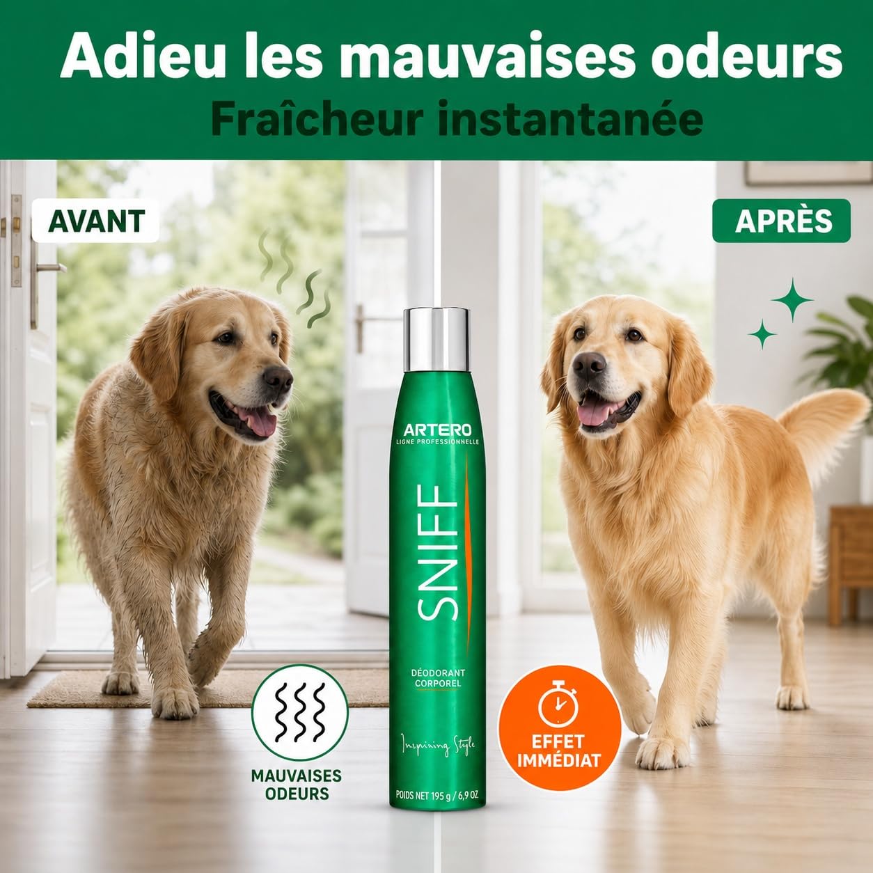 ARTERO Sniff Désodorisant pour Chiens 300ml - Élimine Les Mauvaises Odeurs Instantanément, Spray Corporel Longue Durée, Adapté Chiots et Adultes, Vegan sans Parabènes