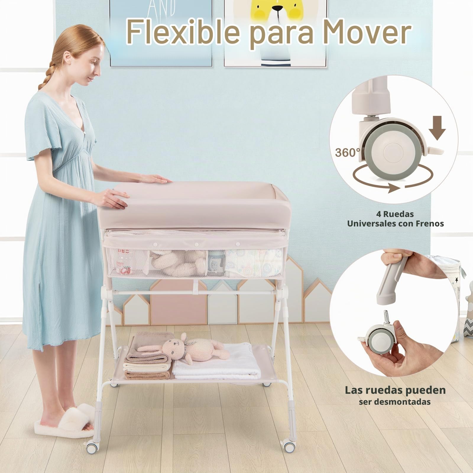 RELAX4LIFE Cambiador de Bebé Plegable con 4 Ruedas Giratorias con Frenos, 3 Alturas Ajustables, Cestas de Almacenamiento y Cinturón de Seguridad, Cambiador Bebe Mueble para Bebé 0-12 Meses (Beige)