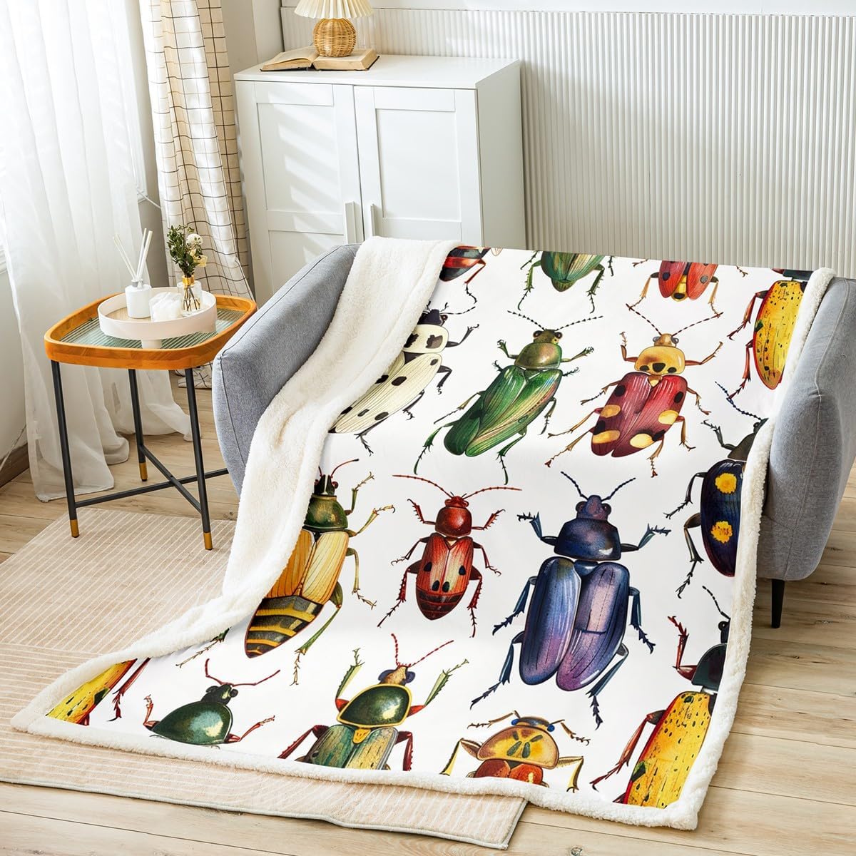 Beetle Fleece Throw Blanket for Girls Boys Colorful Beetles Decor Sherpa Blanket Kids Bug Plush Blanket Bright Vibrant Room Decor Nature Animal Fuzzy Blanket for Sofa Bed Couch, Throw 50x60 Inch
