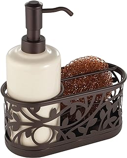 iDesign Ceramic Bathroom Soap Dispenser Set with Soap Pump and Caddy, The Vine Collection – 13oz, 7.25" x 3.25" x 8.25", Vanilla and Bronze