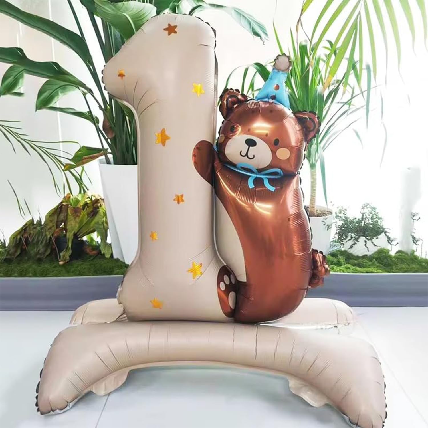 Atpata Funky 40 Inch Teddy Bear Self Standing Foil Balloon for 1st Birthday Decoration – Giant Number 1 Balloon with Golden Stars for Baby Boy or Girl First Birthday Party (Caramel)-image-13