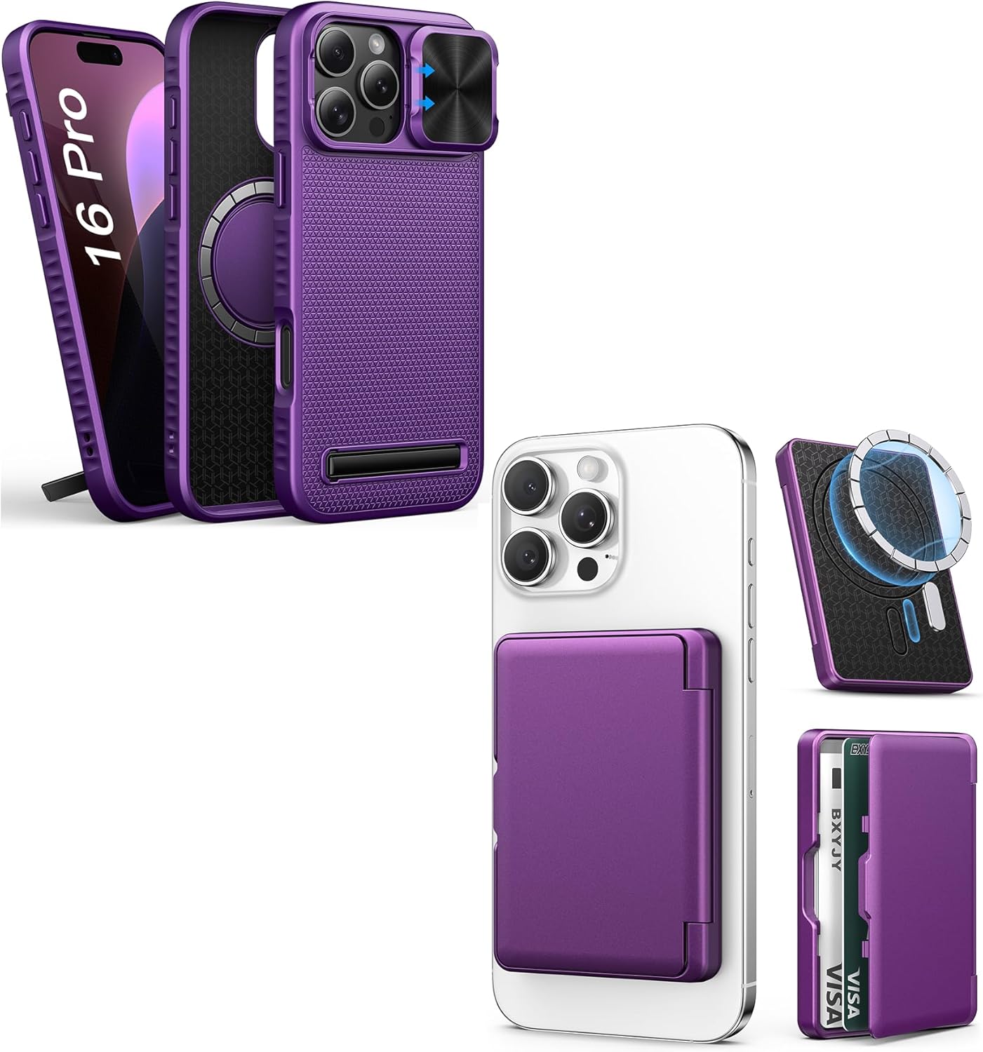 for iPhone 16 Pro Case with Magnetic Wallet, Slide Camera Cover, Compatible with MagSafe, Slim Rugged Shockproof Silicone Men Women Magnetic Phone Case for iPhone 16 Pro, Dark Purple