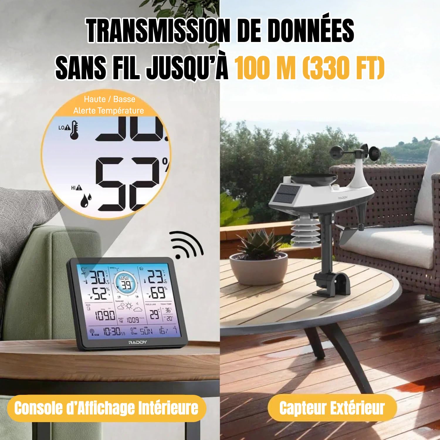Station météo Raddy VP7 radio avec thermomètre intérieur et extérieur professionnel, écran numérique de 18,8 cm en violet, horloge radio, moniteur de température et d'humidité, prévisions météo et
