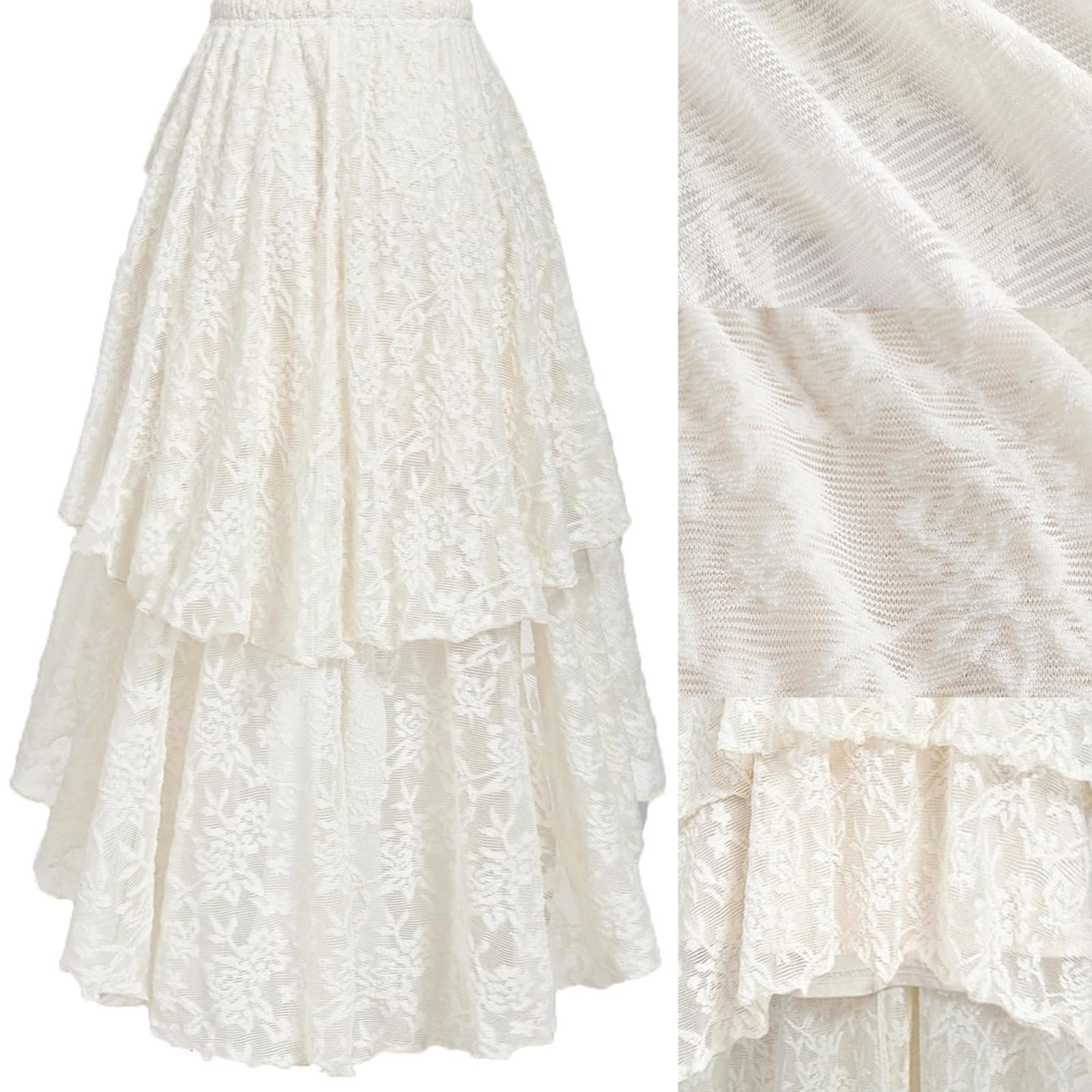 Générique Jupe Longue à Volants en Dentelle et Tulle superposés pour Femme, Coupe trapèze, Style bohème, Ourlet Tendance, idéale pour Les Sorties. (White,S)