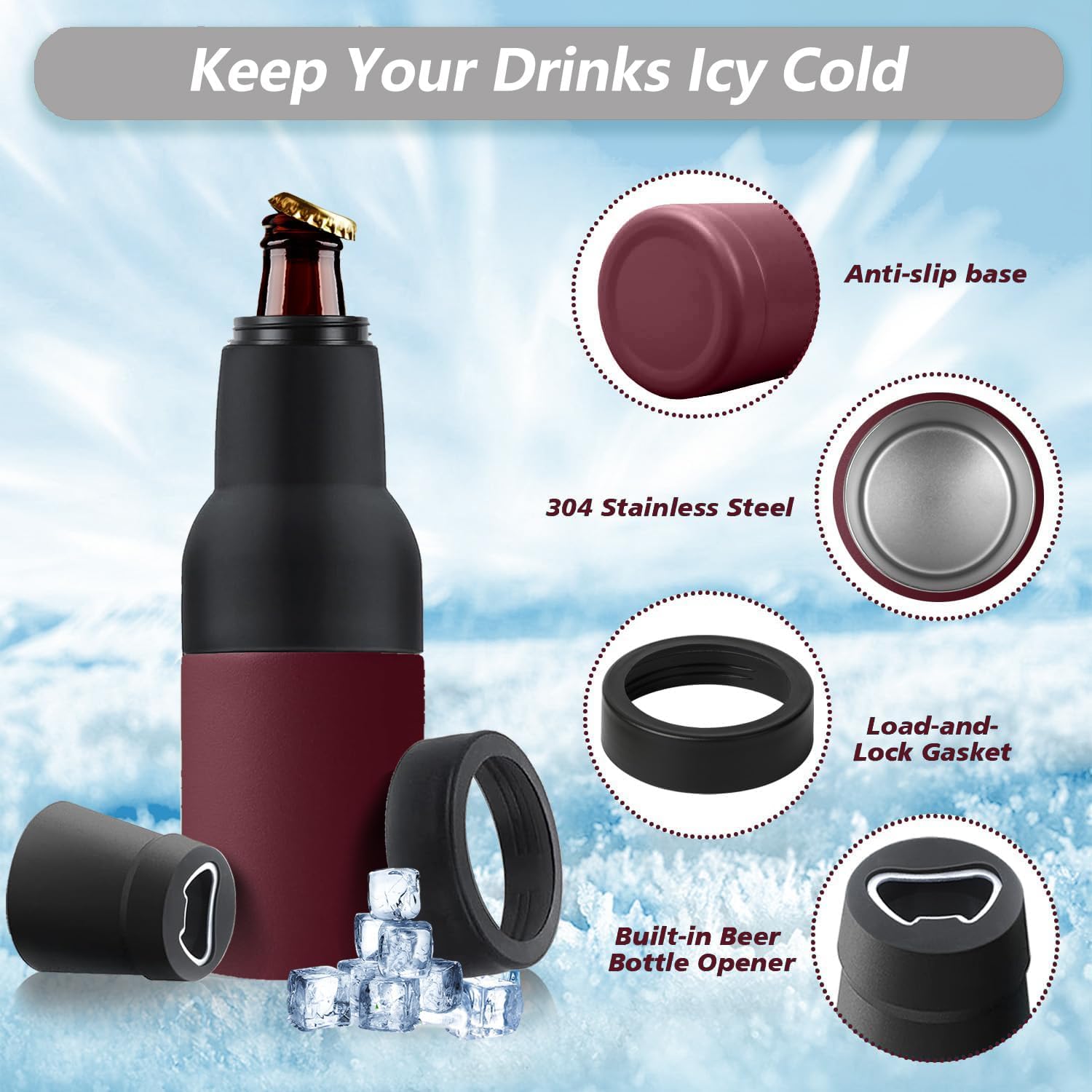 Stepstall 12 oz. Can Cooler Insulator Beer Bottle Holder w/Beer Opener, 4-in-1 Design Slim Can Beer Bottle Cooler, Double Walled Stainless Steel Insulated, Beer Gifts for Men Father (Wild Vine Red) - Image 4