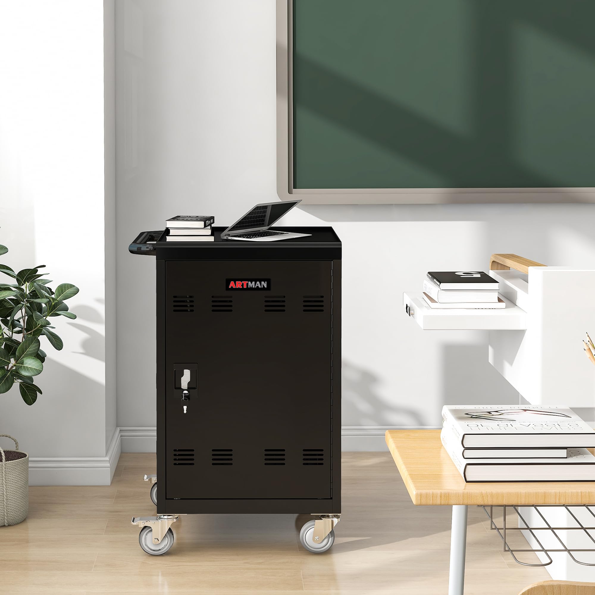 30+2 Bay Mobile School Charging Cart Station,for Chromebook, Tablet,Laptop Computer,with Power Strip Included,Assembly Required,Black
