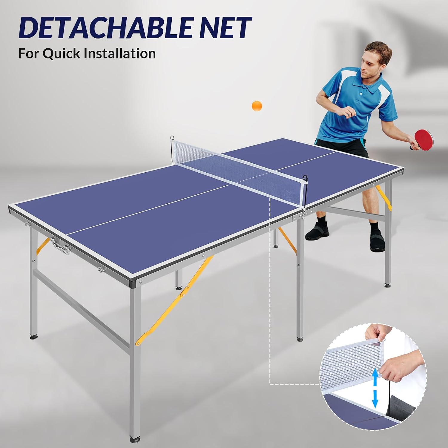 Image showing a close-up of the detachable net being installed on the Zevemomo table tennis table. Arrows indicate how the net clips onto the table.