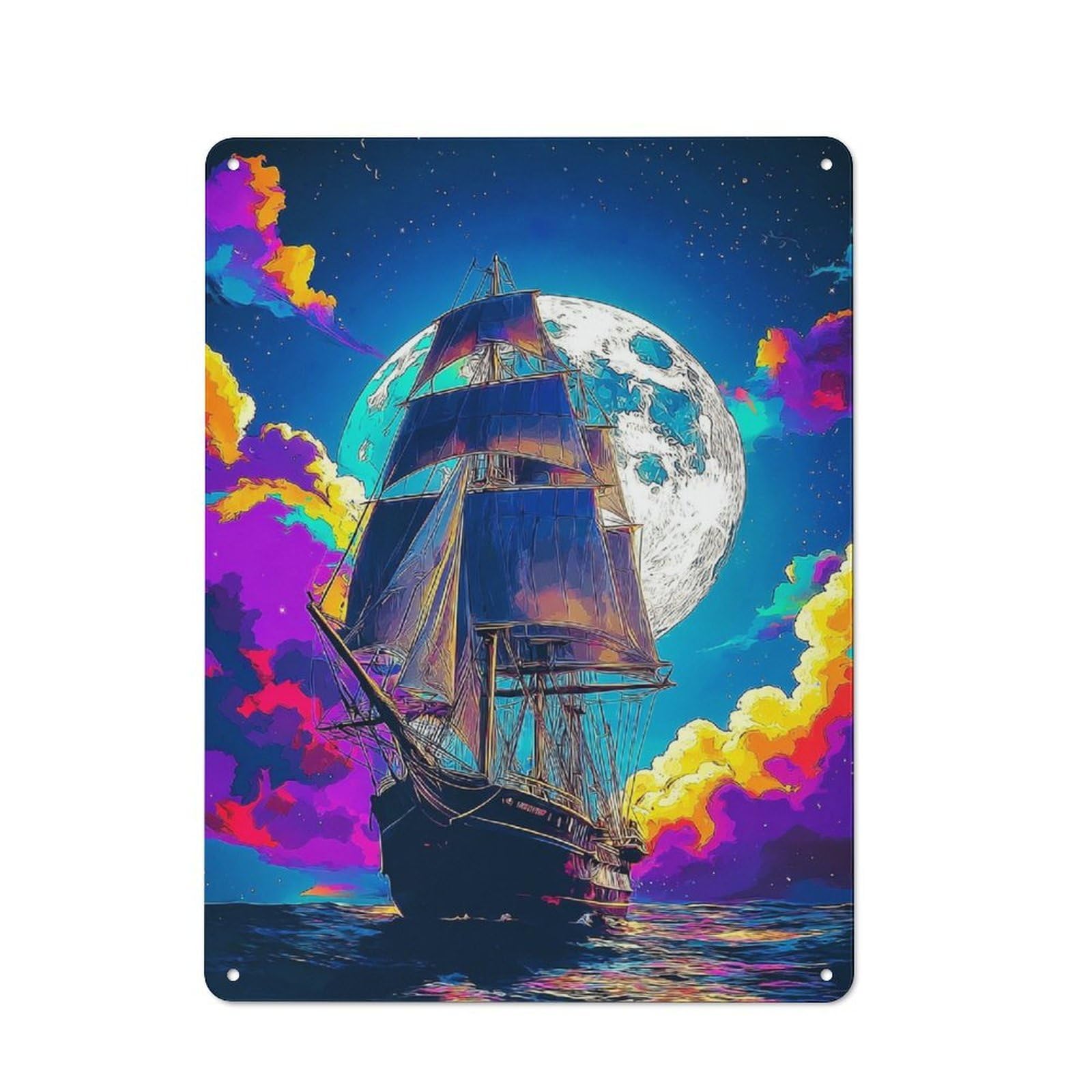 Junmoney Colorful Moonlit Sailing Adventure Rustic Tin Sign 40X30cm For Home Bar Wall, For Home Interiors, Feature Walls And Decorative Displays