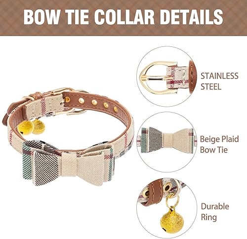 Miniatura 4 de Juego de collar y correa para perros pequeños con pajarita, collares de correa para cachorros, a cuadros beige clásicos, tamaño ajustable con