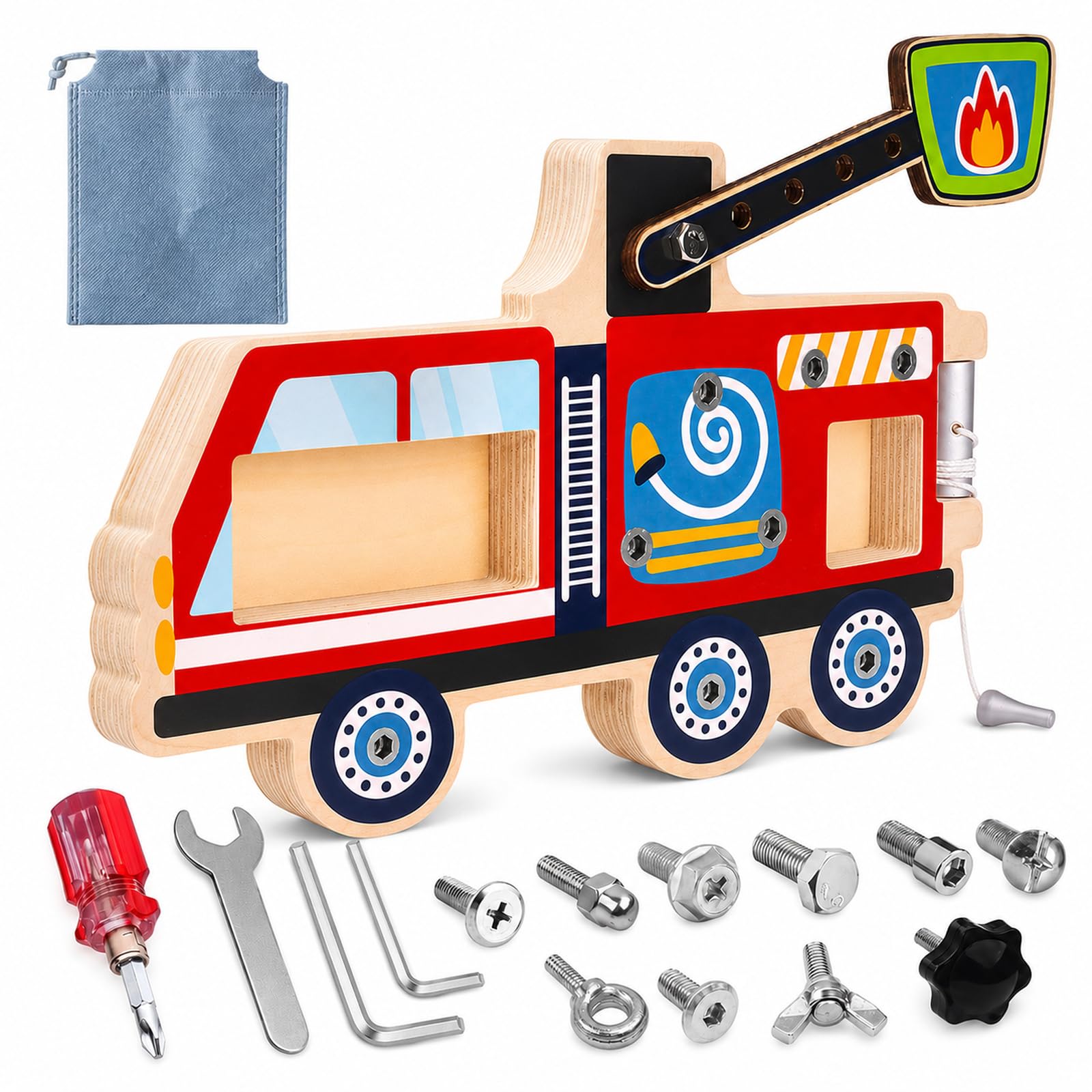 Liangding Montessori Screwdriver Busy Board Fire Truck – Wooden STEM Fine Motor Skills Sensory Learning Toy for Kids Ages 3 4 5 6, Great Gift for Boys and Girls, with Storage Bag — image 1