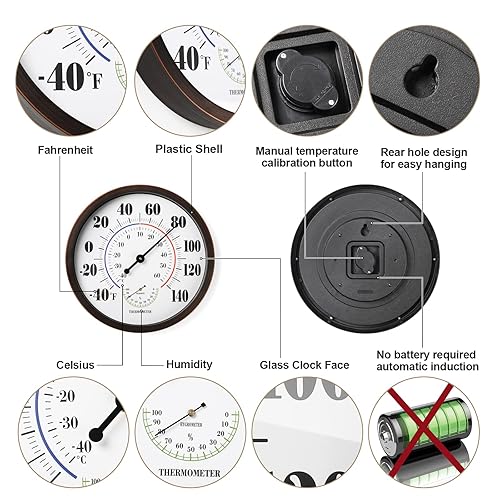 Miniatura 4 de Termómetro de pared para interiores y exteriores, termómetro de números grandes, sin batería, 12 pulgadas, higrómetros digitales colgantes del clima