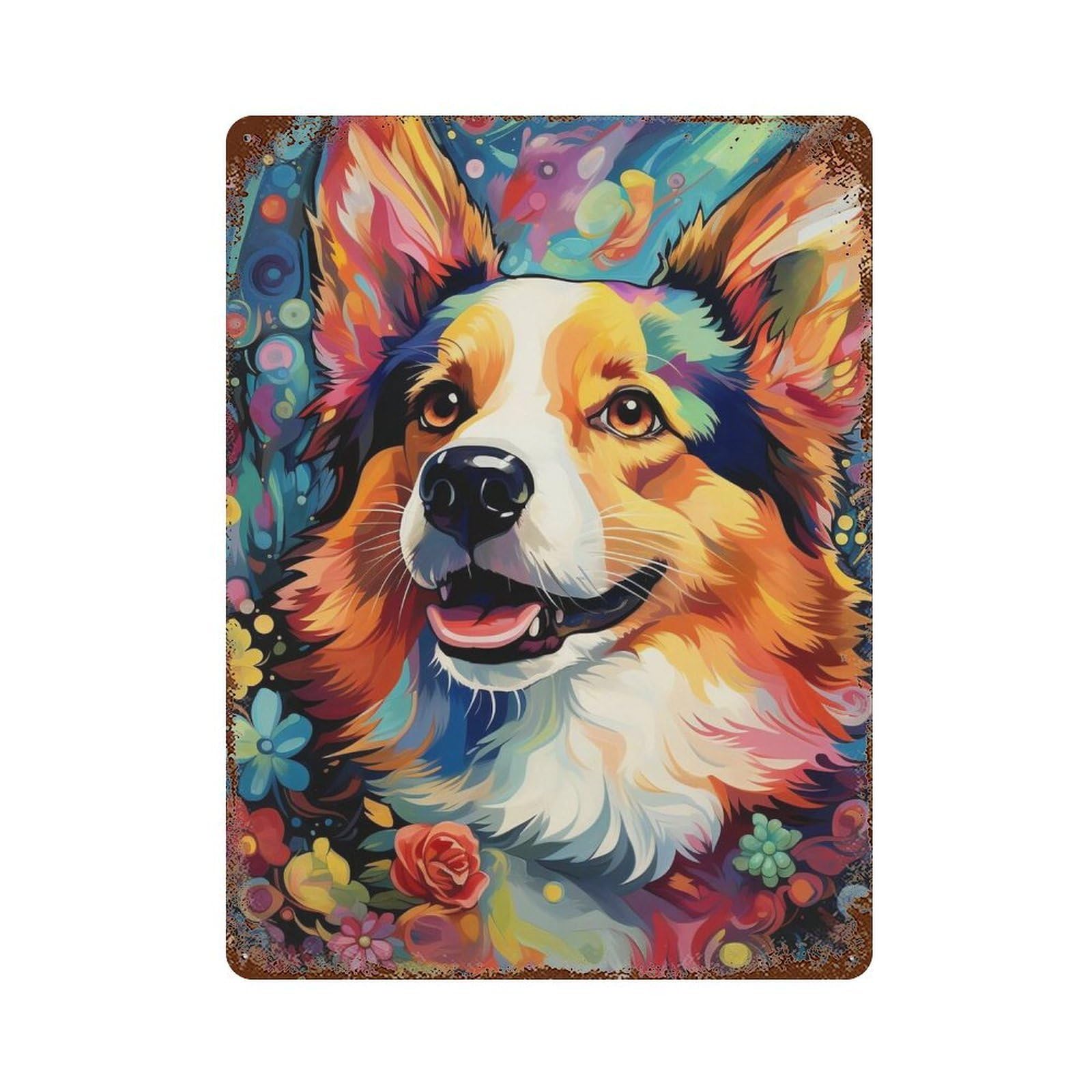 Rust Effect Colorful Corgi Art Print-4 Rusty Metal Tin Sign 15.7"x11.8", Decorative Metal Wall Art for Farmhouse, Kitchen And Entryway Decor
