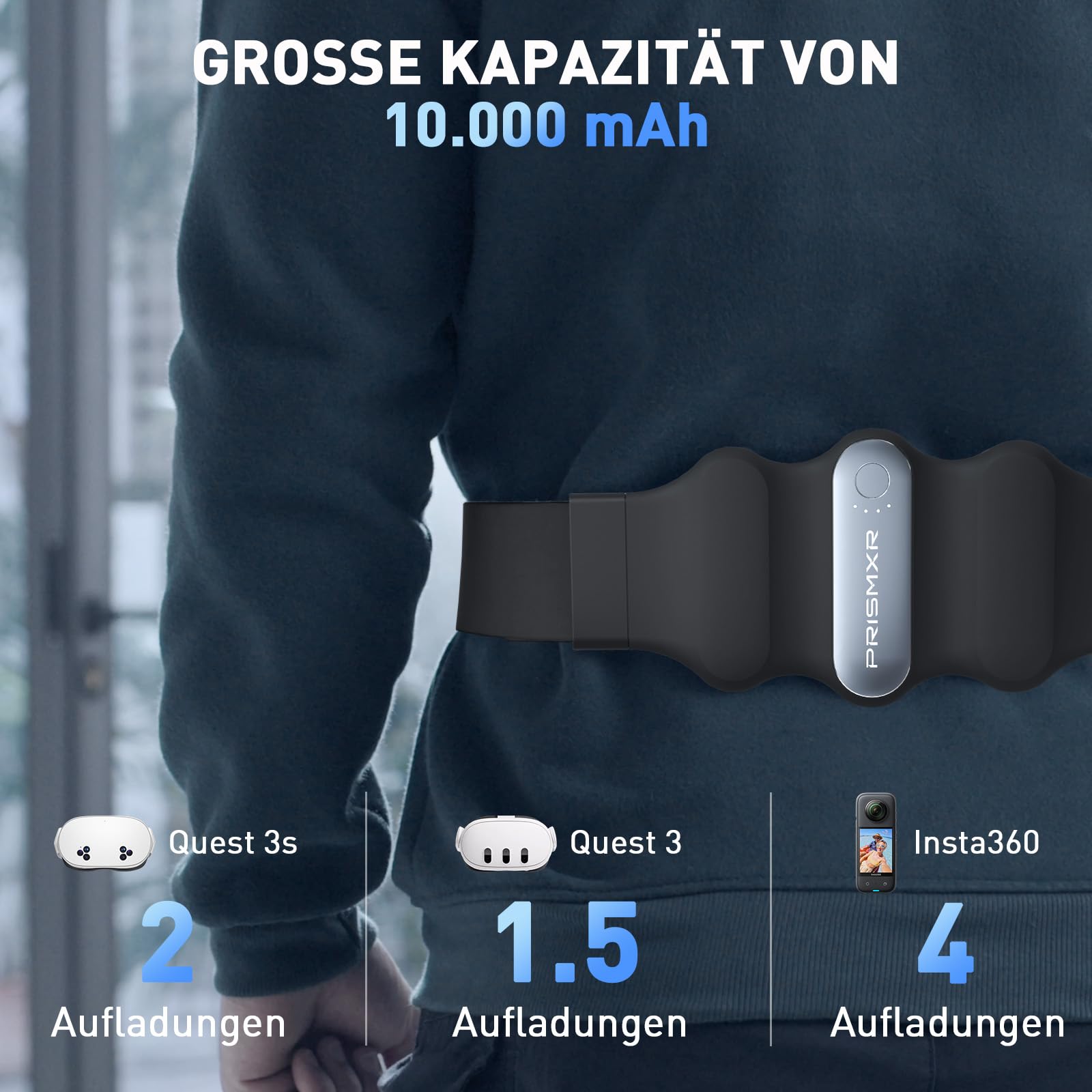 PRISMXR Tragbare Powerbank Akkupack kompatibel mit Meta Quest 3/3S/2, Pico 4 Ultra und andere VR Zubehör, 30W Ausgang Schnellladen, Typ C zu C 10,000mAh Akkupack (Carina W1, Grau)