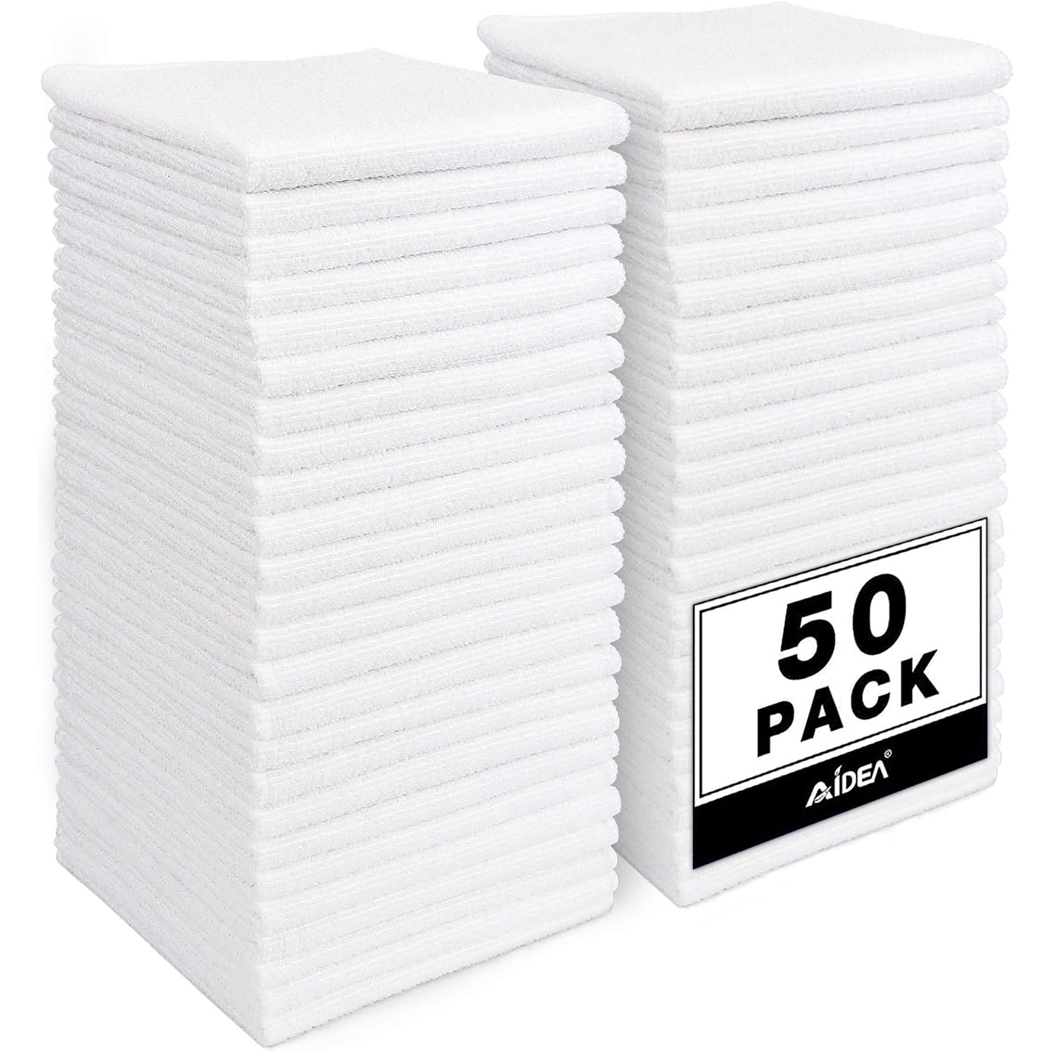AIDEA Microfiber Cleaning Cloths 50PK, Lint-Free & Streak-Free Cleaning Towels, Ultra Soft Absorbent Microfiber Cloths for Kitchen, Glass, Windows, Car Interior & Household Cleaning, White 12x12in