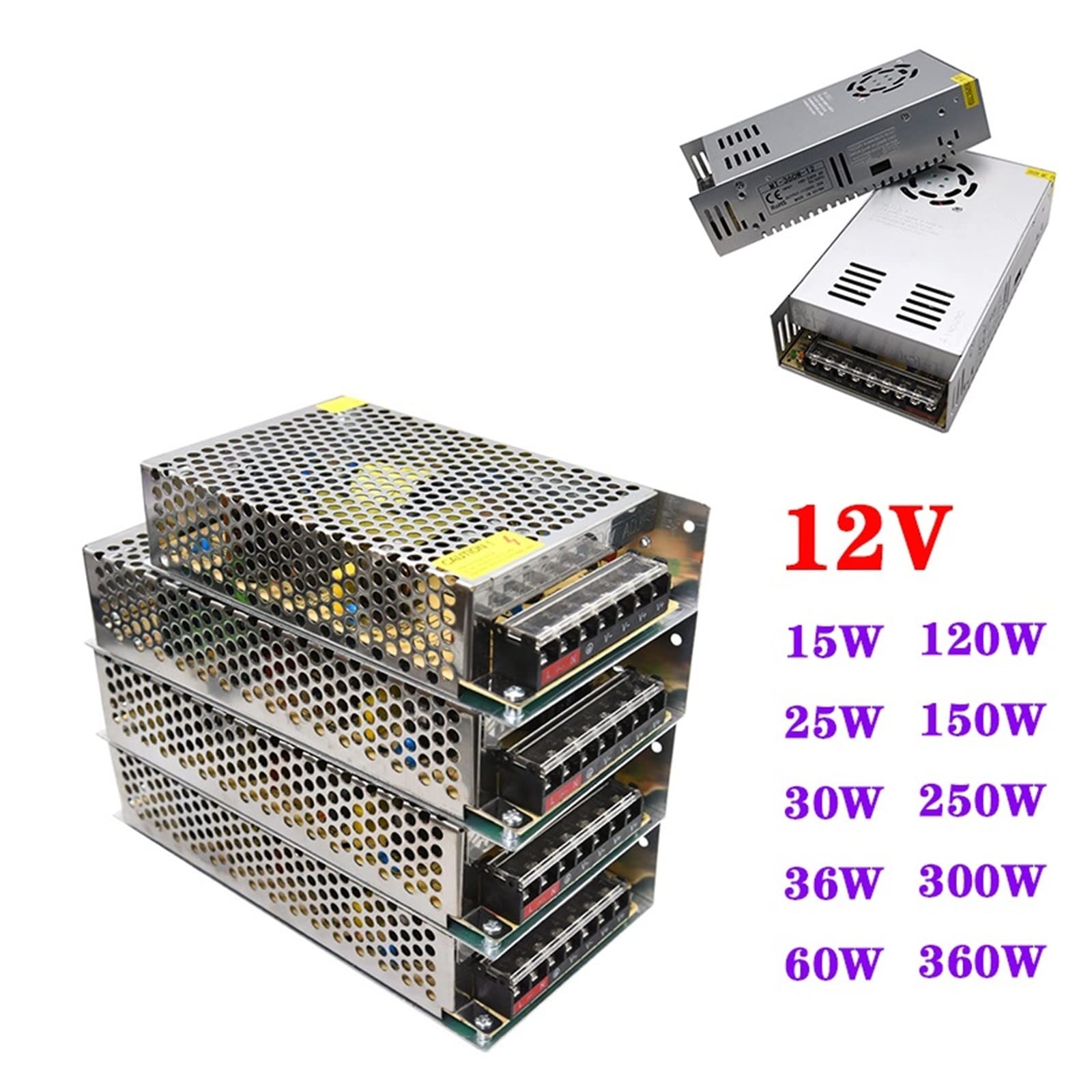 Fuente de alimentación estabilizada CC DC 12V 5A Transformador de iluminación Fuente de alimentación conmutada Adaptador de Fuente Conmutación for Tira de LED(200W)