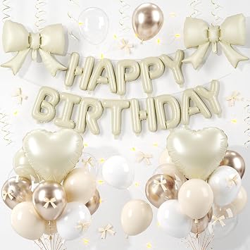 Cream White Bow Birthday Decorations with Happy Birthday Banner Bows Ribbon