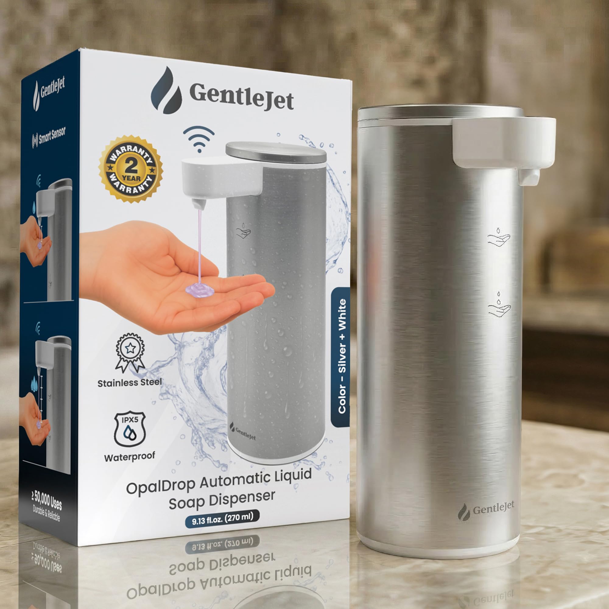 Distributeur automatique de savon GentleJet OpalDrop en acier inoxydable rechargeable USB-C