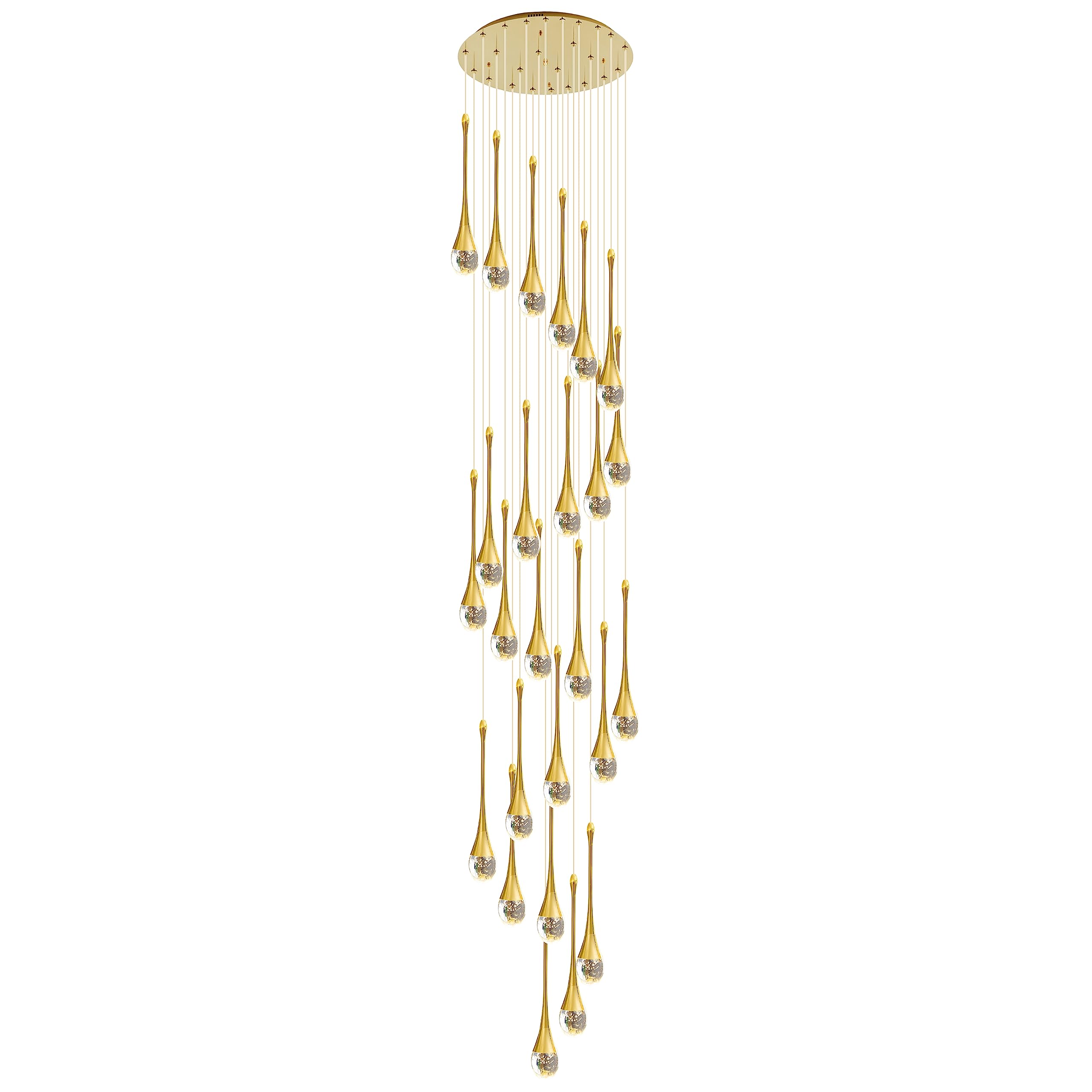 FYZDLAOR 25-Light High Ceiling Chandeliers LED 3CCT Dimmable Modern Raindrop Spiral Crystal Pendant Light Dome Long Chandelier Fixtures for Foyer Entryway Stairwell Lighting