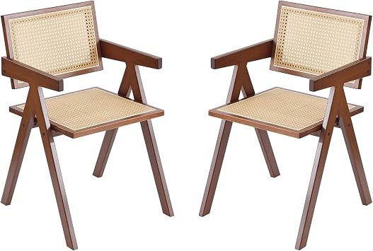 Tiita Rattan Dining Chairs Set of 2, Mid Century Modern Armchairs, Wooden Kitchen Chairs for Dining Room, Living Room, Walnut