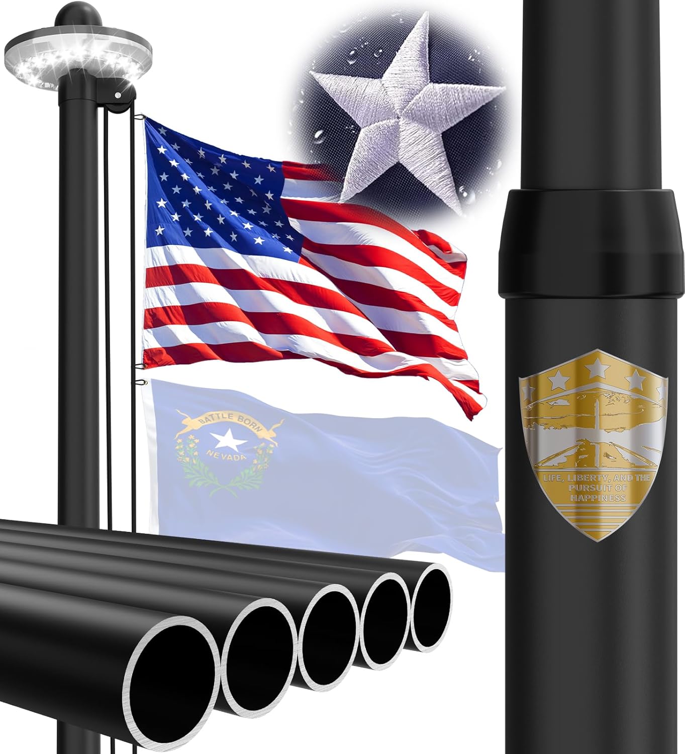 25FT Aluminum Flag Pole Kit - 2.7" Heavy Duty Extra-Thick, 100MPH Wind Tested, Includes Solar Light & 3x5 USA Embroidered Flag, Sectional Tapered Design for Outdoor Ground Installation (Black)
