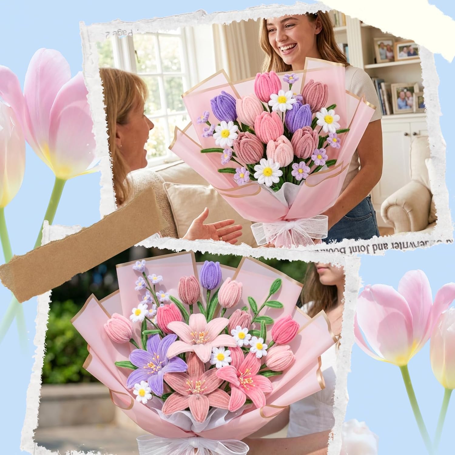 646Pcs Pipe Cleaners Crafts, Pipe Cleaner Lily s & Tulip Flower Kit with Instructions, Hot Melt Gun & Floral Wire, 6 Colors Chenille Stems to DIY Flowers for Mother's Day, Holiday Gifts & Home Decor