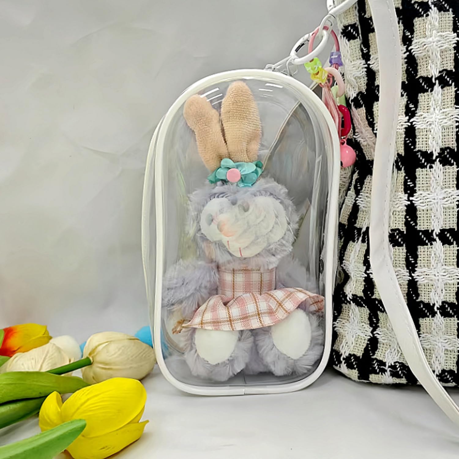 Clear Doll Display Bag Keychain - Portable Hanging Storage Case for Blind Boxes, Mini Figures, Anime Collectibles, Dustproof PVC Organizer with Pompom Balls (7.4 Inches)
