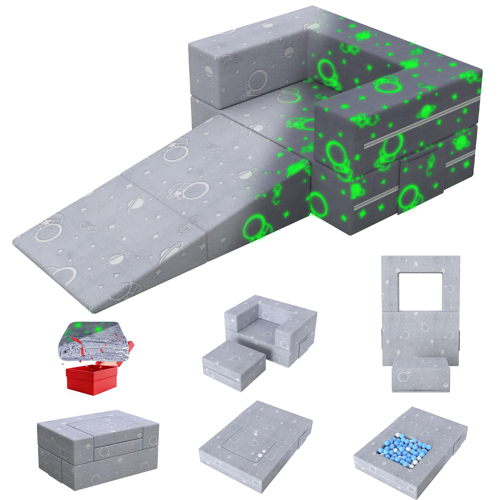 Seeutek Kids Couch, Modular Child Play Fort with Blanket, Toddler Sofa for Playroom and Bedroom, Convertible Baby Furniture for Girls and Boys, 3 in 1 Space Glow Grey