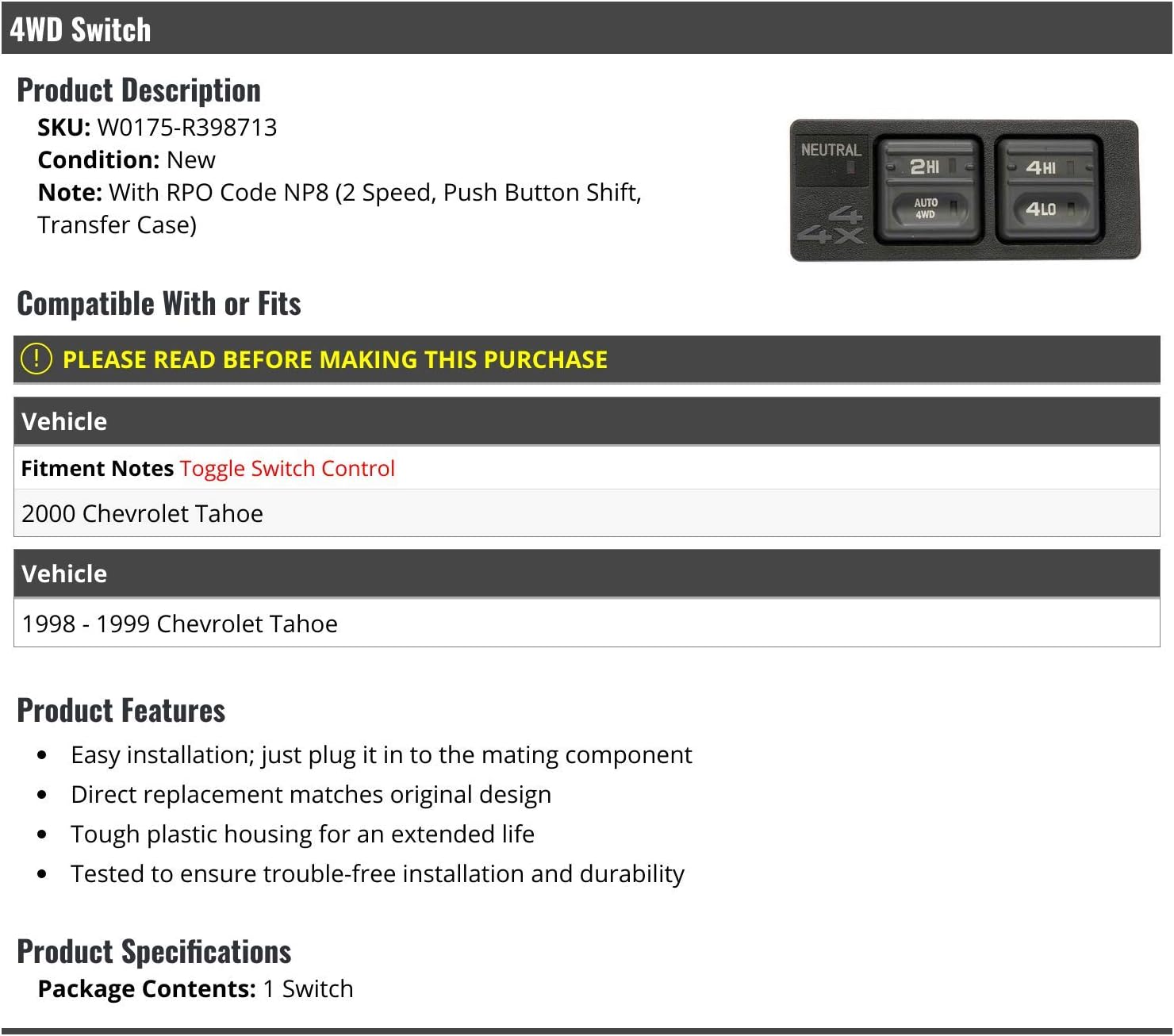 Marketplace Auto Parts 4WD Switch - Compatible with 1998-2000 Chevy Tahoe