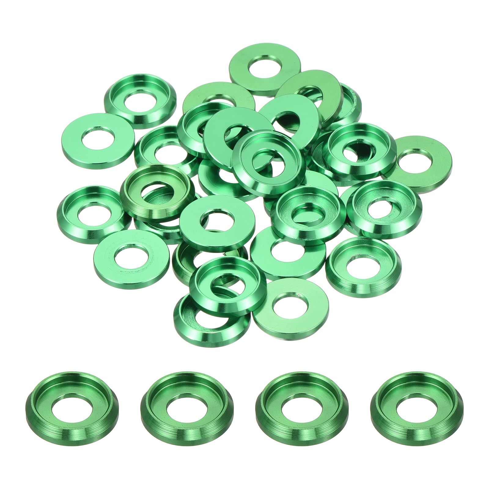 sourcing map M5 Cone Cup Countersunk Washers,Hole Dia 5mm/0.2" Aluminum Gaskets Cup Head Washer Gasket for Screw RC/FPV/PC/Drone/Mechanical Accessories Model Parts,Pack of 30(Green)