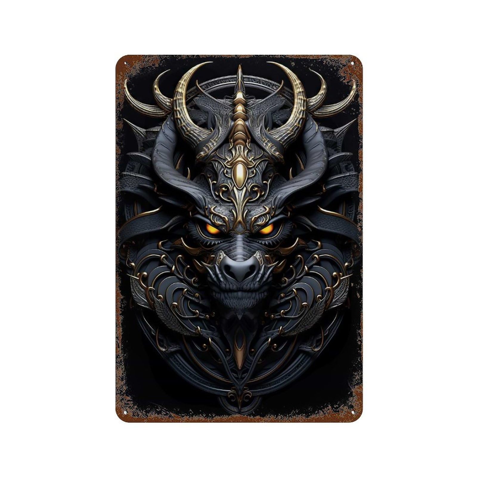 Weathered Tin Sign with Golden Dragon Lord Design 11.8"x7.9", for Office, Studio And Wall Decor, Retro Wall Decor