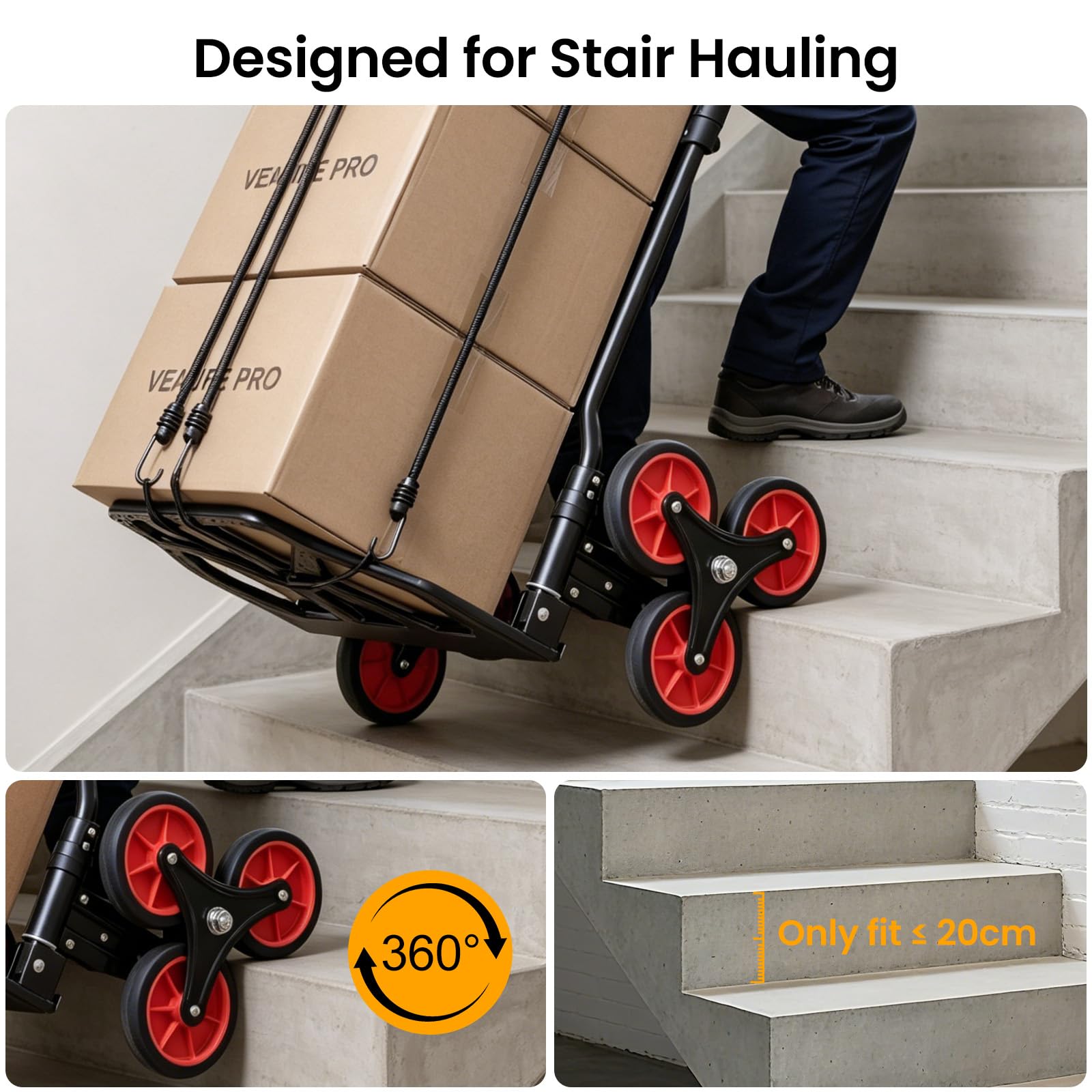 YEAUPE PRO Diable Pliable - Capacité de Charge de 70 kg - Poignée Réglable en Hauteur - avec 2 Cordes d'extension - Transport pour Monter Les escaliers - Noir - 3 Roues